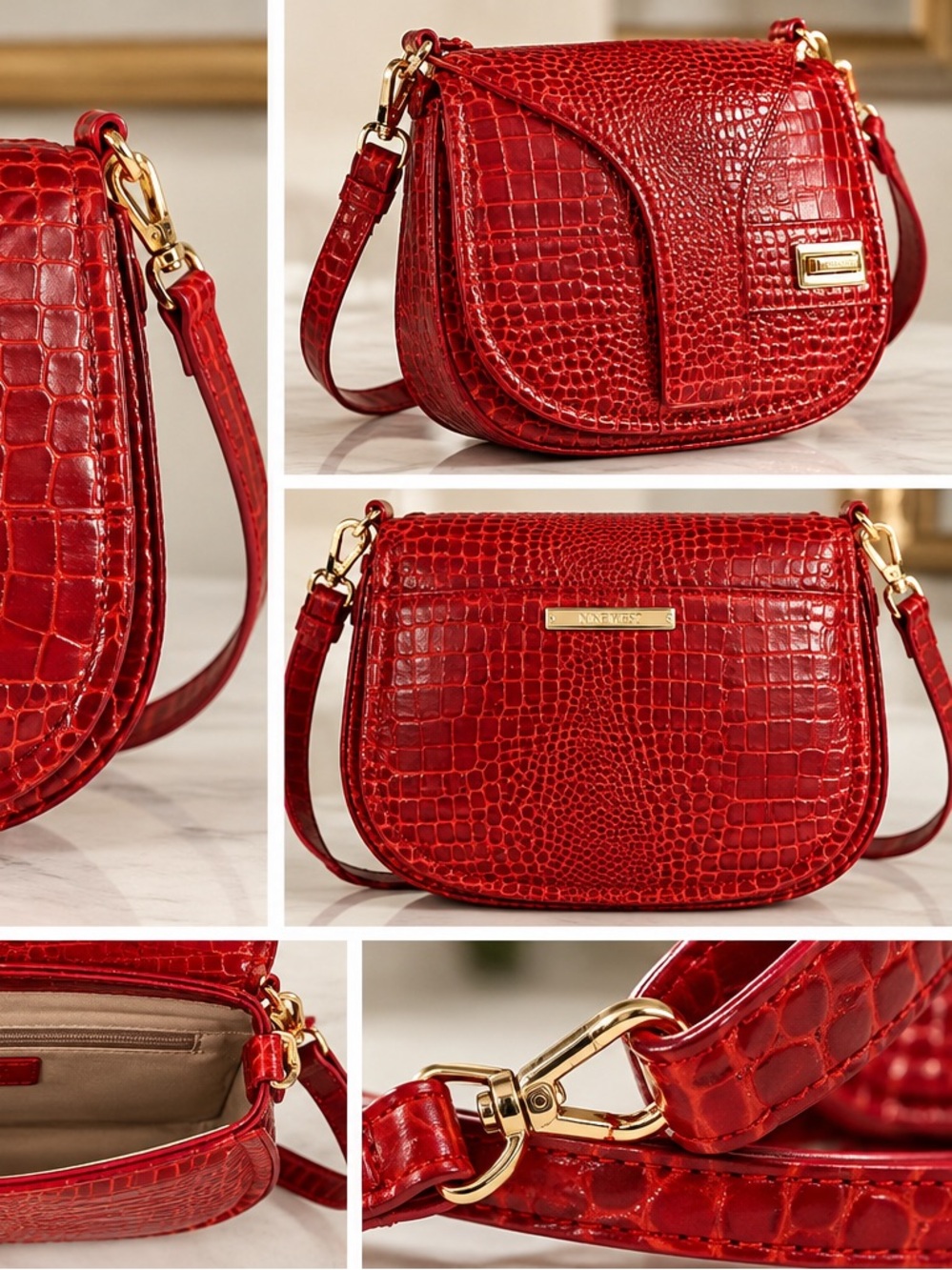 Brahmin Shiny Red Croc-Embossed Crossbody Saddle Bag - Picture 3 of 4